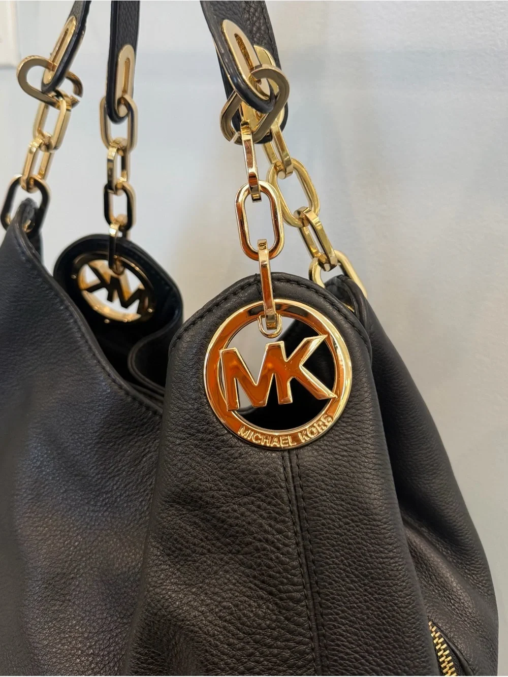 Michael Kors Black Leather Shoulder Hobo with Gold Chain Trim